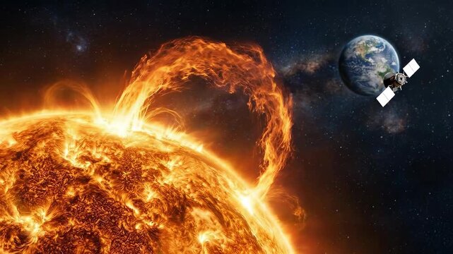 Sun unleashes powerful solar flare, an intense magnetic storm sending plasma eruption towards distant Earth, monitored by an orbiting satellite in deep space.