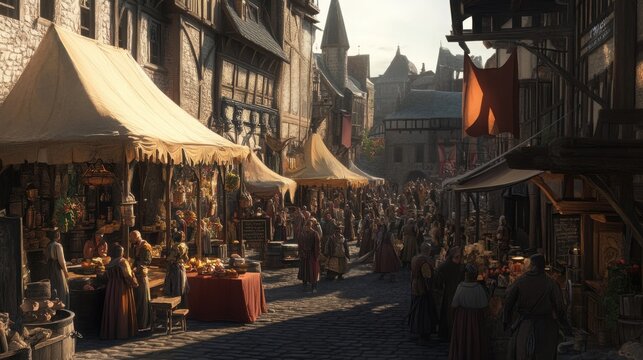 Marketplace bustling with medieval townspeople offers various goods under canvas tents on a cobblestone street.