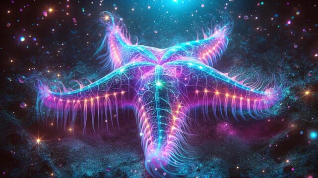 A surreal video bioluminescent starfish with a transparent iridescent body glowing in vibrant shades of purple blue pink and green resting on the ocean