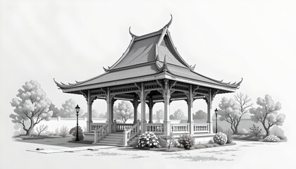 Fototapeta premium The image depicts a traditional open air pavilion with a multi tiered, curved roof featuring ornamental details at the edges
