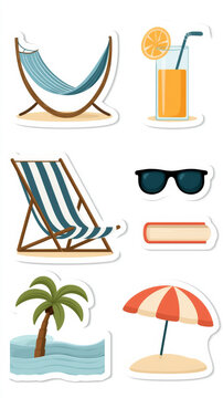 Summer beach icons: hammock, juice, chair, sunglasses, book, palm, umbrella