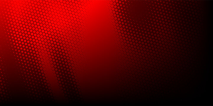 Abstract red and black background with geometric halftone hexagon patterns and dynamic wave gradients. Futuristic high technology digital wallpaper vector.