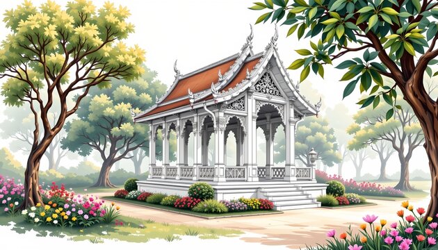 The image depicts a traditional, ornate pavilion situated in a lush garden setting
