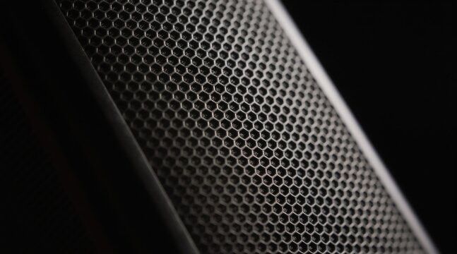 Close-up black metal honeycomb grill texture. Macro shot shows speaker mesh pattern against dark backdrop. Industrial design element perfect for tech backgrounds abstract visuals. Modern, robust feel
