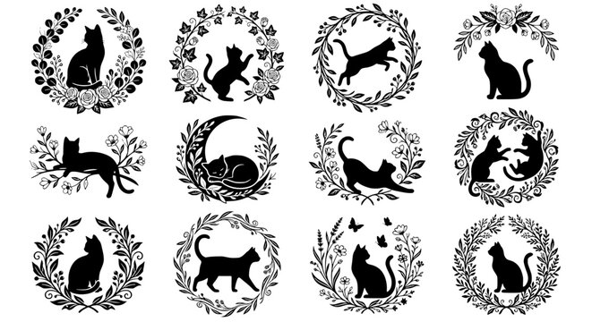 Black cat silhouettes in floral wreaths set, playful kittens sleeping on moon and jumping inside botanical frames, monochrome feline vector illustrations isolated on white background