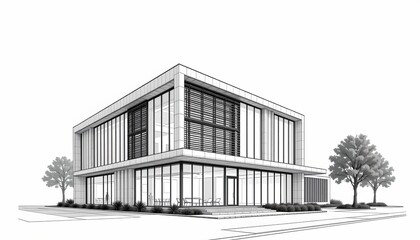 The image depicts a modern, two story building with a minimalist design, characterized by large glass windows and clean, straight lines