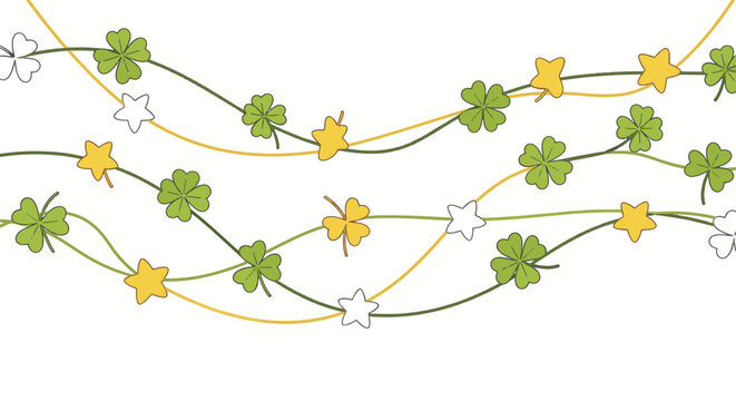 Minimalist vector illustration of wavy green and yellow horizontal strings decorated with green four-leaf clovers and small yellow and white stars on a clean white background.
