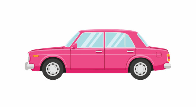 Flat vector illustration of a vintage pink four-door sedan car from the side view. Retro classic automobile isolated on a white background with chrome bumpers and tinted windows.
