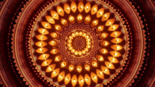 Intricate circular pattern of glowing lamps in warm tones. Represents celebration, spirituality, and cultural traditions