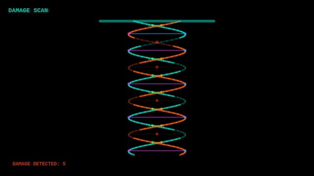 Teal and red DNA damage detection HUD animation with mutation highlight overlay for oncology