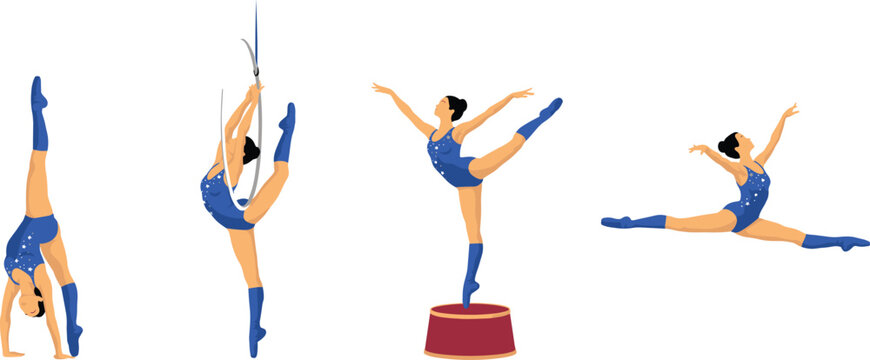 Female Circus Gymnast and Aerialist Performance Character Set Showing Handstand Split, Trapeze Ring Hoop, Balancing, and Mid-Air Leap Acrobatics Vector Illustration