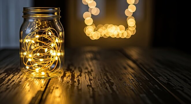 Mason jar filled with warm glowing LED string lights creating a cozy ambient atmosphere on a rustic wooden table.