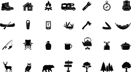 Obraz premium Camping adventure and outdoor recreation black silhouette icons set vector illustration