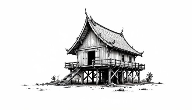 The image depicts a traditional stilt house with a curved, ornate roof, elevated above the ground on wooden stilts
