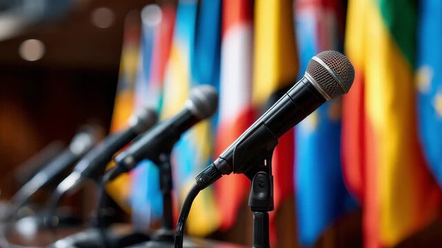 Multiple microphones are set up in front of various international flags inside a conference event location for discussions and presentations