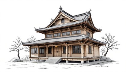 Obraz premium The image depicts a traditional two story wooden building with intricate architectural details, featuring curved tiled roofs with ornate eaves