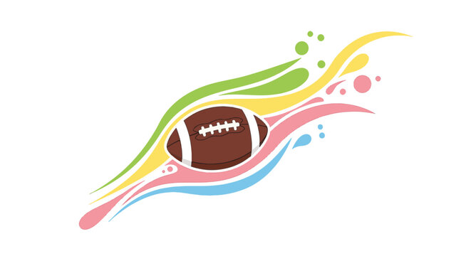 Vector illustration of an American football ball featuring dynamic abstract colorful motion trails and stylized liquid paint splashes isolated on a solid white background.