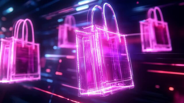Pink digital shopping bags moving across a colorful background in fast motion with vibrant light effects