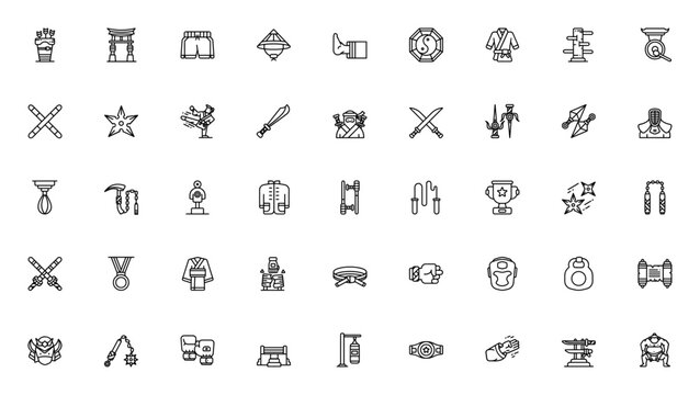 Martial Arts icon set. Minimal thin line web icons set. Vector illustration. Featuring archery, karate, sword, ninja, sumo, kendo, boxing, nunchaku, and more. Editable vector stroke.