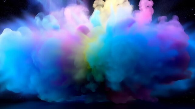 Colorful abstract powder cloud explosion with vibrant flowing pigment swirling through dark space creating dynamic artistic motion
