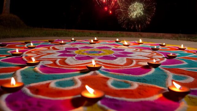 Colorful rangoli design with oil lamps illuminated during a festive celebration. Symbolizes joy, culture, and the spirit of togetherness