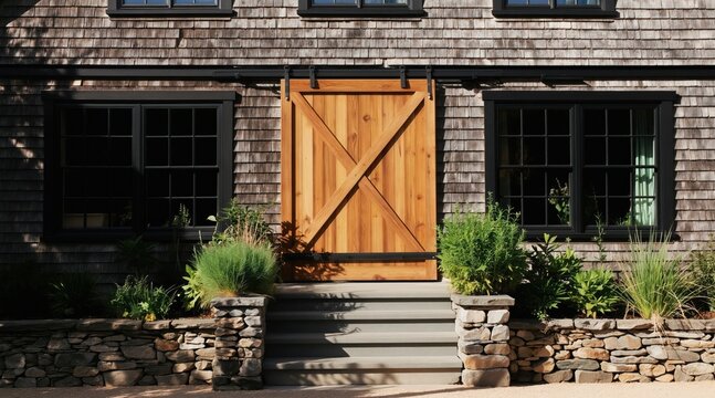 Rustic modern farmhouse exterior shows cedar shake siding with black windows. Wooden barn door on sliding track sits above stone stpic and herb garden. Refurbished home has natural wood.