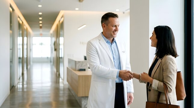 Friendly medical professional warmly greeting a new patient with a firm handshake in a modern clinic reception area establishing trust and excellent bedside manner.