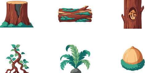 Obraz premium Forest Nature Environment Asset Set with Tree Stump Fallen Log Trunk Hollow with Mushrooms Vine Roots Fern Plant and Acorn Vector Illustration
