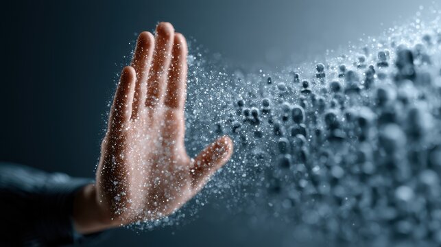 A hand disintegrating into digital particles symbolizes technology, data transformation, or digital interaction in a futuristic, abstract style.