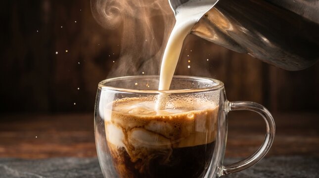 Hot Espresso Coffee with Steaming Milk Pour Action Motion Blur Stock Photo