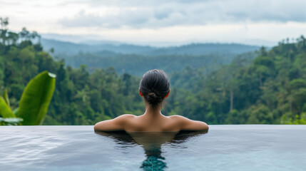 Fototapeta premium Ai Woman enjoying a view of the forest while relaxing in a pool at a tropical location during the day