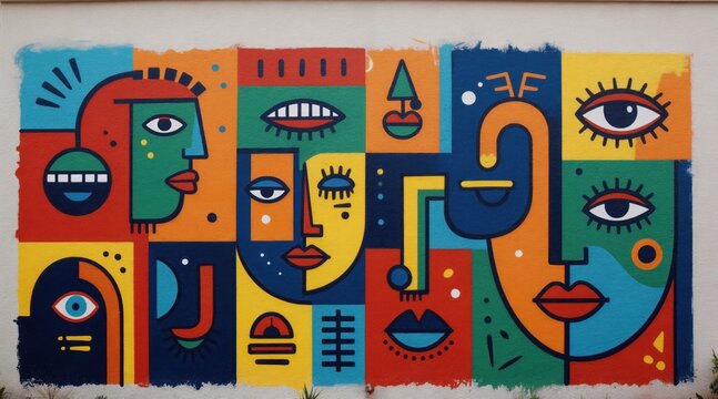 Abstract colorful faces art mural. Geometric shapes form human visages in vibrant urban graffiti style. Modern graphic composition on textured wall, dynamic design.