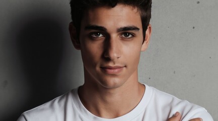 Obraz premium Young man with dark hair and intense eyes looks forward. He wears a white t-shirt against a textured wall. His face shows subtle emotion, conveying confidence and youth.