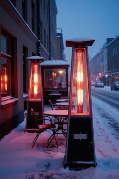 Outdoor patio heaters glow warmly on a snowy city street. Empty tables and chairs wait for friends in the cold winter weather. Cafes and restaurants keep outdoor seating available despite snowfall.