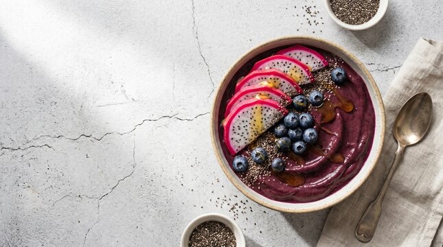 Healthy Acai Smoothie Bowl with Dragonfruit and Chia Seeds Flatlay Stock Photo