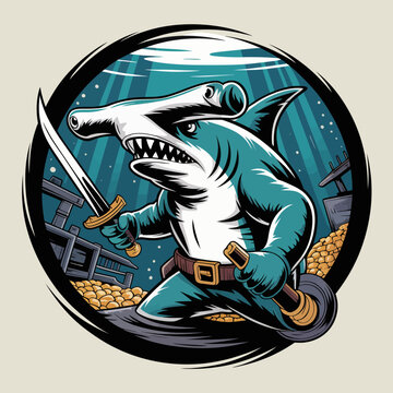 Pirate shark with sword and belt.