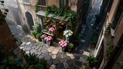 Obraz premium Aerial view of rustic flower boutique display in narrow European city stone alleyway