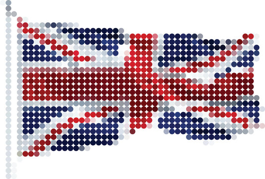 A modern, stylized representation of the United Kingdom national flag (Union Jack) using a creative halftone dot pattern. Perfect for international business, travel-themed design, and patriotic illust