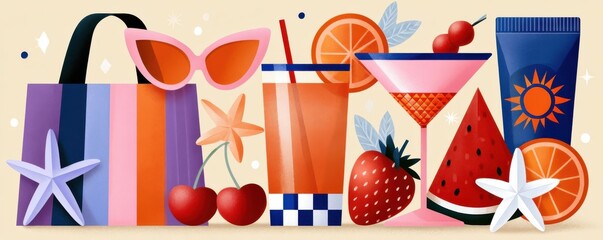 Obraz premium Summer still life with colorful bag, sunglasses, cocktails, fruit and sunscreen for vacation vibes