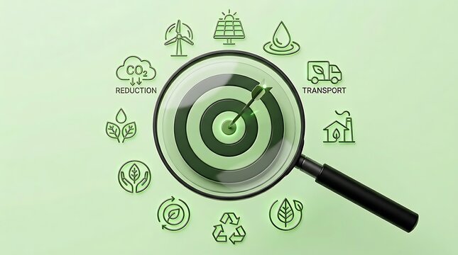 Magnifying glass on target with eco friendly icons like wind turbine, solar panel, water drop, transport, and factory representing sustainability goals.