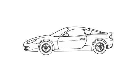 Obraz premium Minimalist black and white line art illustration of a modern sports car from a side profile view, featuring aerodynamic body styling, five-spoke alloy wheels, and sleek curves.
