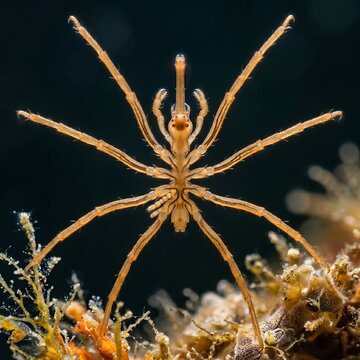 Dorsal view of Pycnogonida sea spider resting on marine hydroid branch