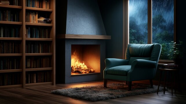 Cozy Living Room with Fireplace and Rainy Window View at Night