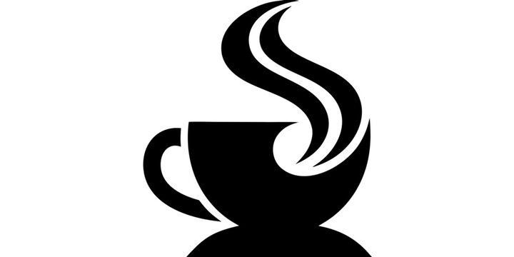 Artistic black silhouette of a hot coffee cup with stylized wave steam and reflection on white background beverage caffeine espresso cappuccino breakfast reflection silhouette artistic