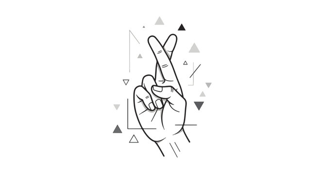 Minimalist black and white line art illustration of a human hand with index and middle fingers crossed for luck, featuring geometric triangle elements on a white background.