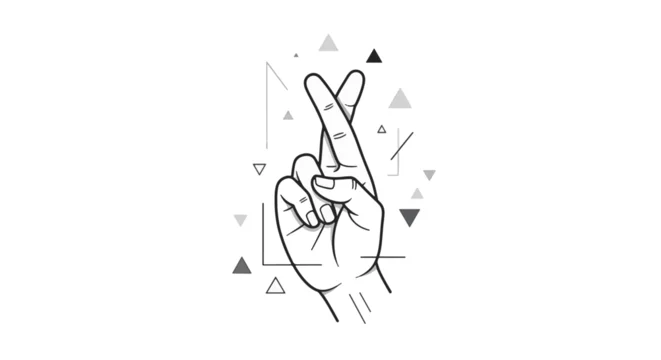 Minimalist black and white line art illustration of a human hand with index and middle fingers crossed for luck, featuring geometric triangle elements on a white background.