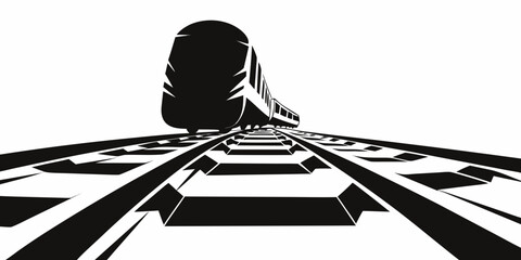 Low angle stylized black and white graphic of a high speed train traveling on tracks with locomotive transportation perspective illustration monochrome transport passenger railhead logistics © AX