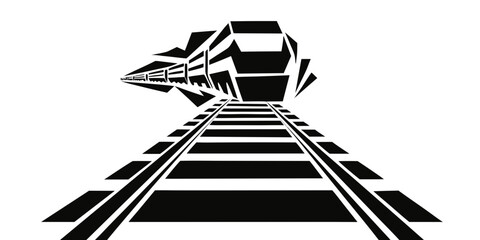 Stylized black and white illustration of a modern train approaching on railway tracks with dramatic perspective high speed locomotive transportation perspective illustration monochrome trackage © AX