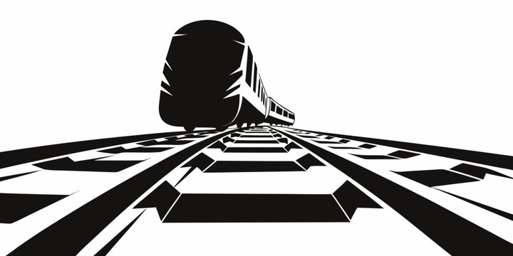 Low angle stylized black and white graphic of a high speed train traveling on tracks with locomotive transportation perspective illustration monochrome transport passenger railhead logistics