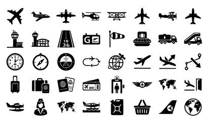 Naklejka premium Editable Airplane Symbol Pack with Flight Travel Transport Icons for Airport and Tourism Design